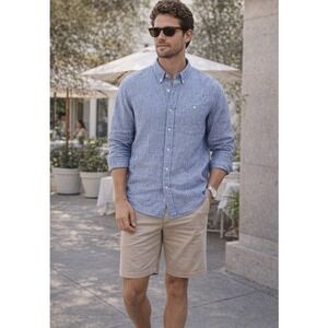 Tommy Bahama Men's 100% Linen Long Sleeve Striped Dress Shirt Blue Size L EUC